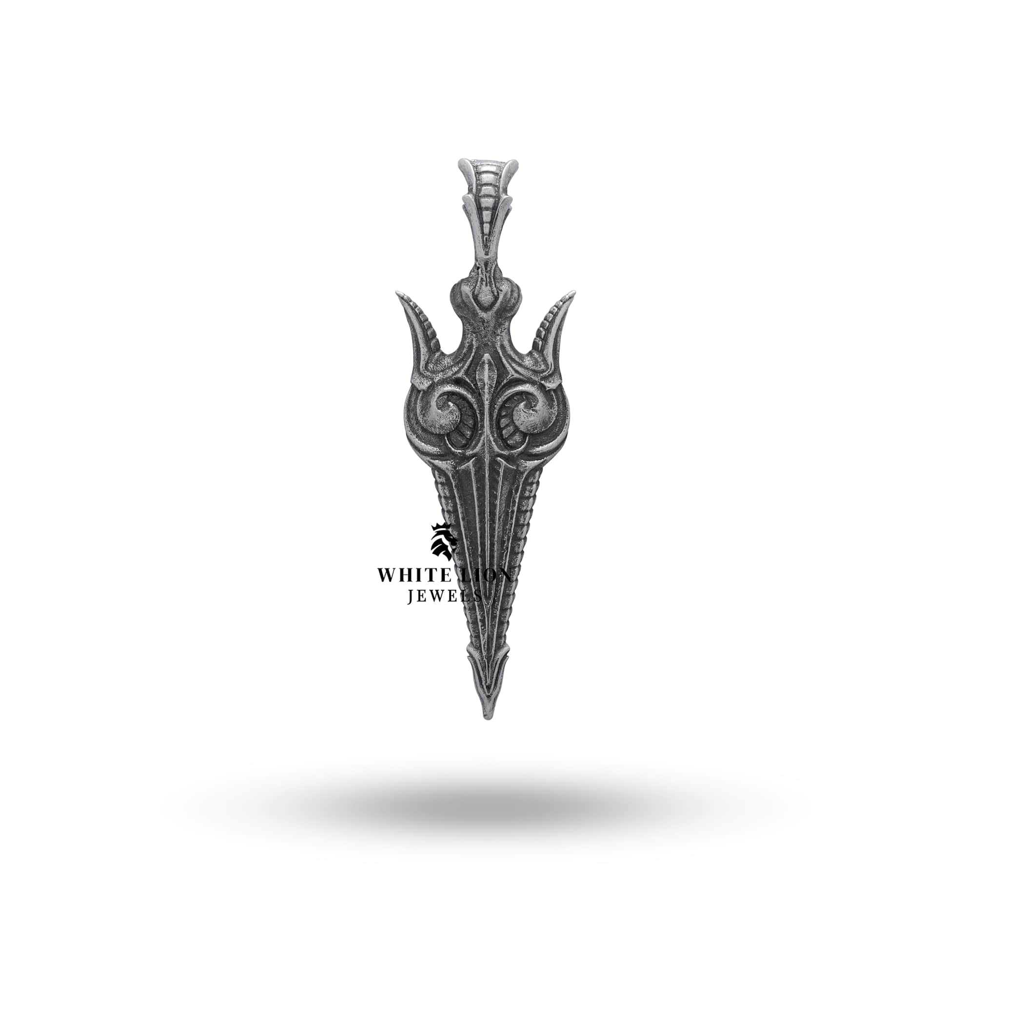 Side view of the Spear of the God Sword 925 Sterling Silver Pendant highlighting the sterling silver details
