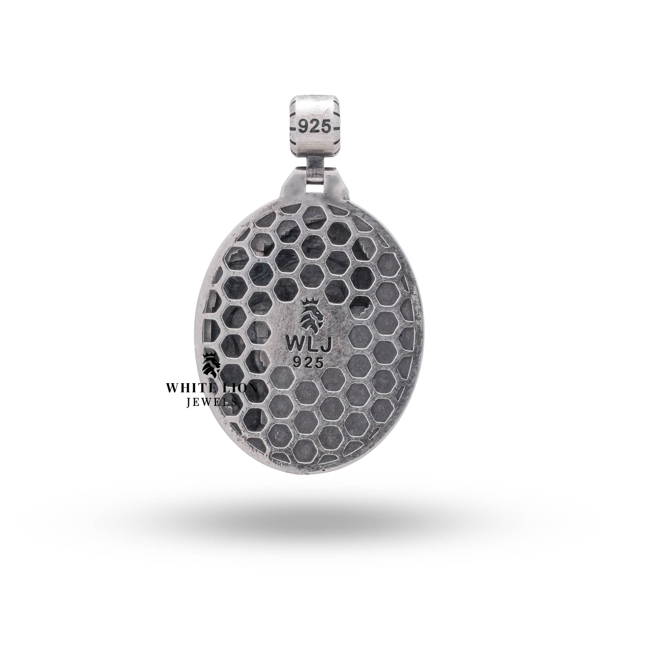 Back view of Jesus Face Rays 925 Sterling Silver Pendant showing smooth oxidized silver finish with protective coating.