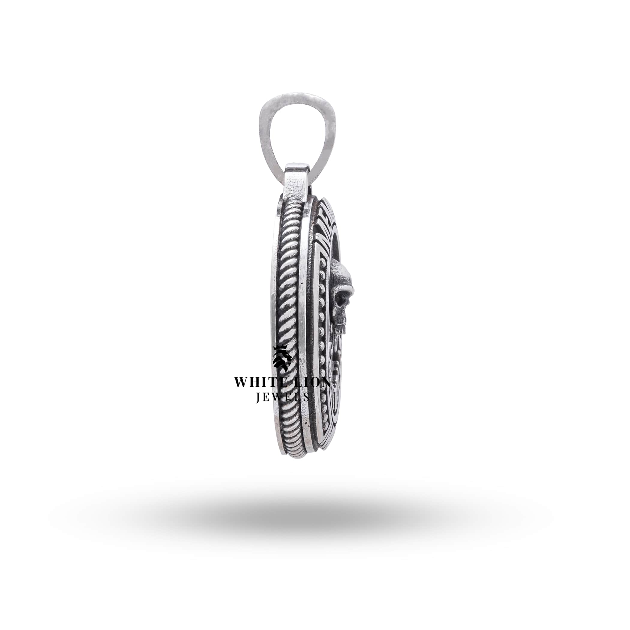 Elegant Memento Mori Pendant with Sagittarius design in oxidized 925 silver, crafted by White Lion Jewels