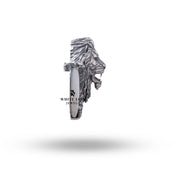 Side view of African Lion King Brooch in Oxidized Silver with Mother of Pearl Stones