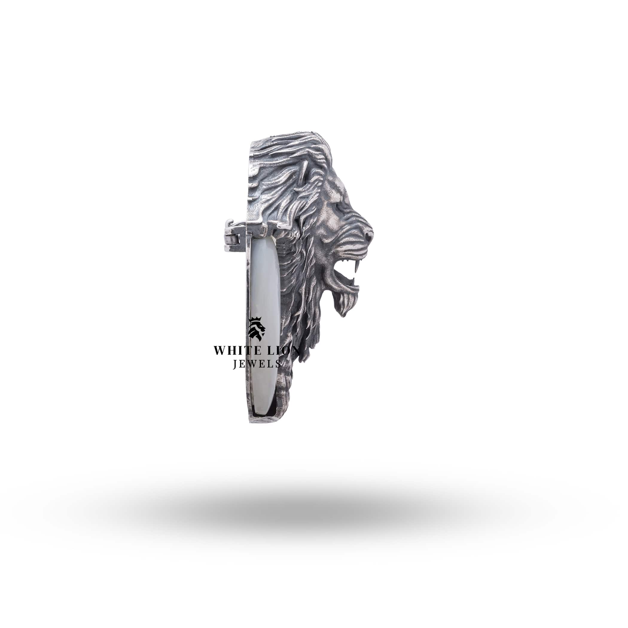 Side view of African Lion King Brooch in Oxidized Silver with Mother of Pearl Stones
