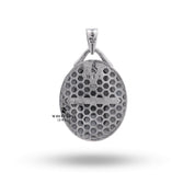 Anubis Oval Pendant 925 Sterling Silver worn with a black outfit, illustrating its elegance and style.