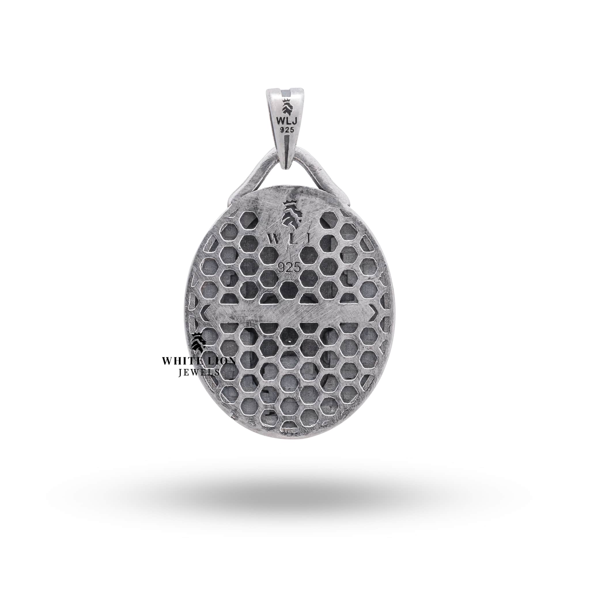 Anubis Oval Pendant 925 Sterling Silver worn with a black outfit, illustrating its elegance and style.