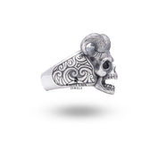 Luxury gothic skull ring in oxidized silver, featuring horned devil theme by White Lion Jewels.