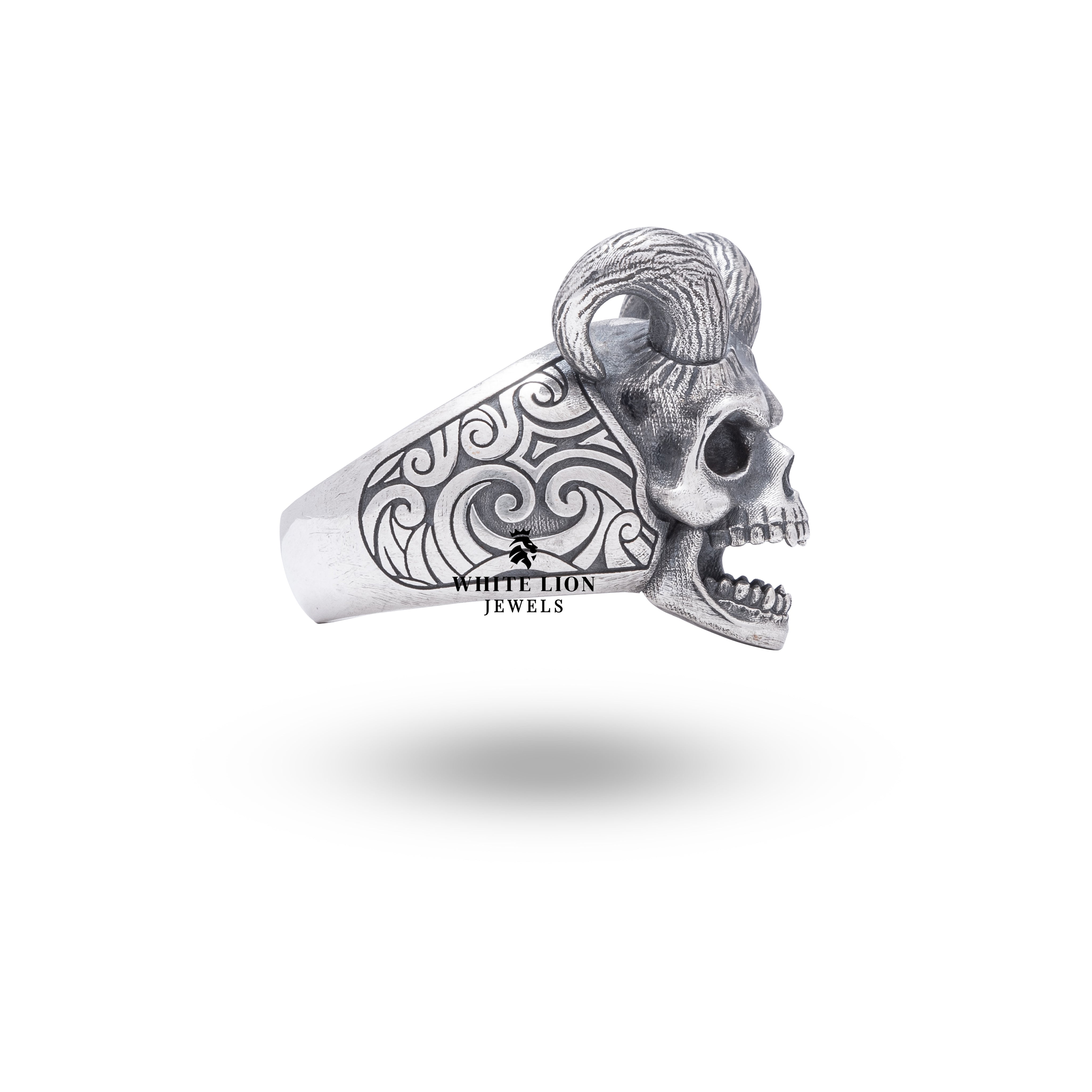 Luxury gothic skull ring in oxidized silver, featuring horned devil theme by White Lion Jewels.