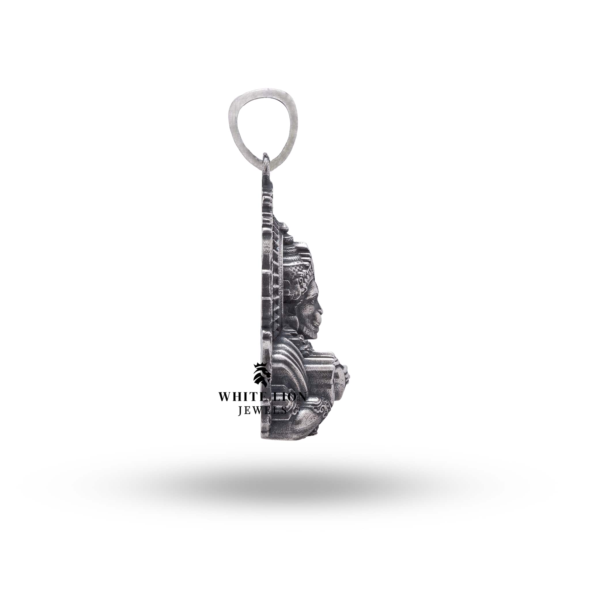 Side angle view of Blessing Hanuman Silver Pendant showing intricate details