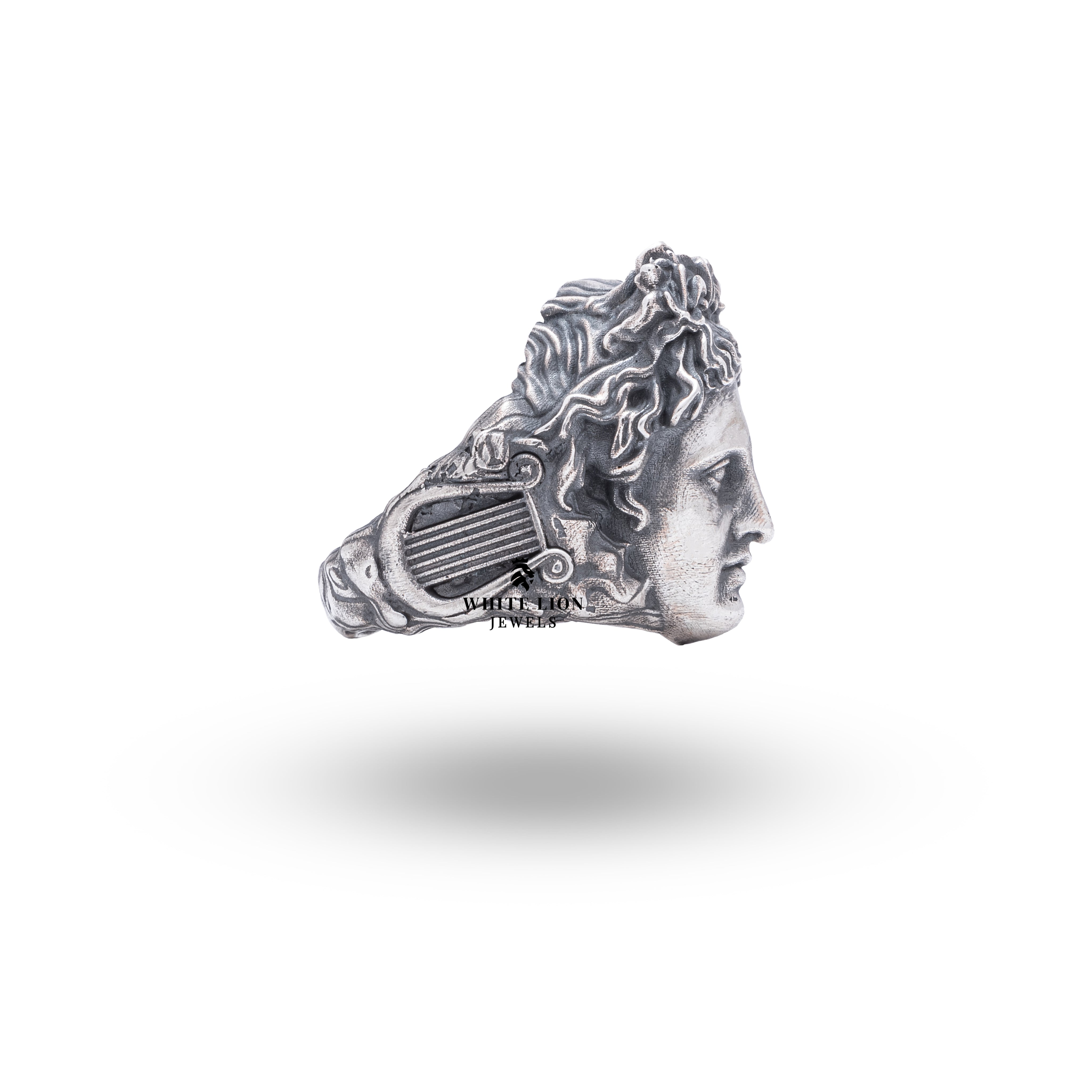 Elegantly styled Greek God Apollo ring in sterling silver with nickel-free coating.