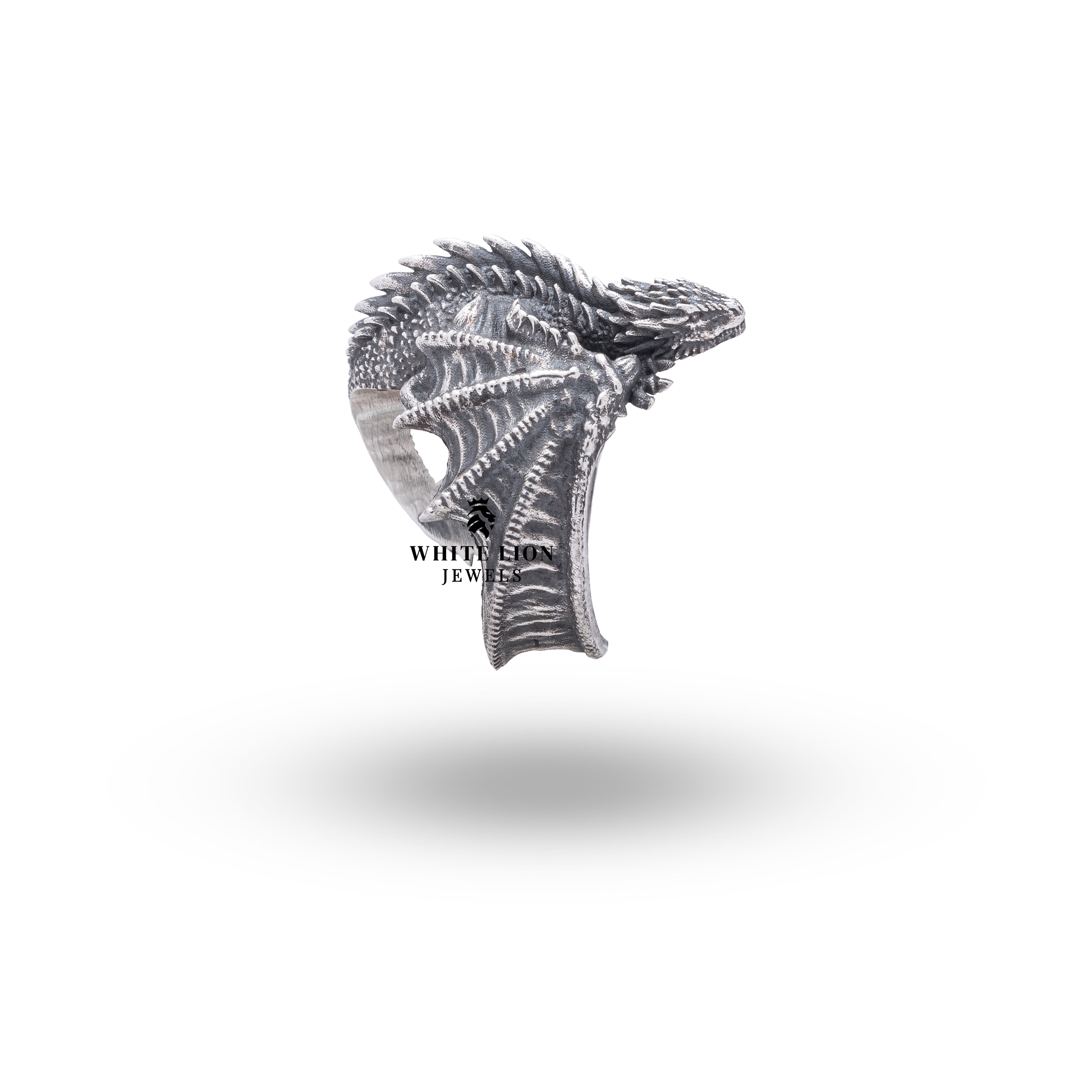 Back view of the Flying Dragon Creature Animal Ring in oxidized silver finish