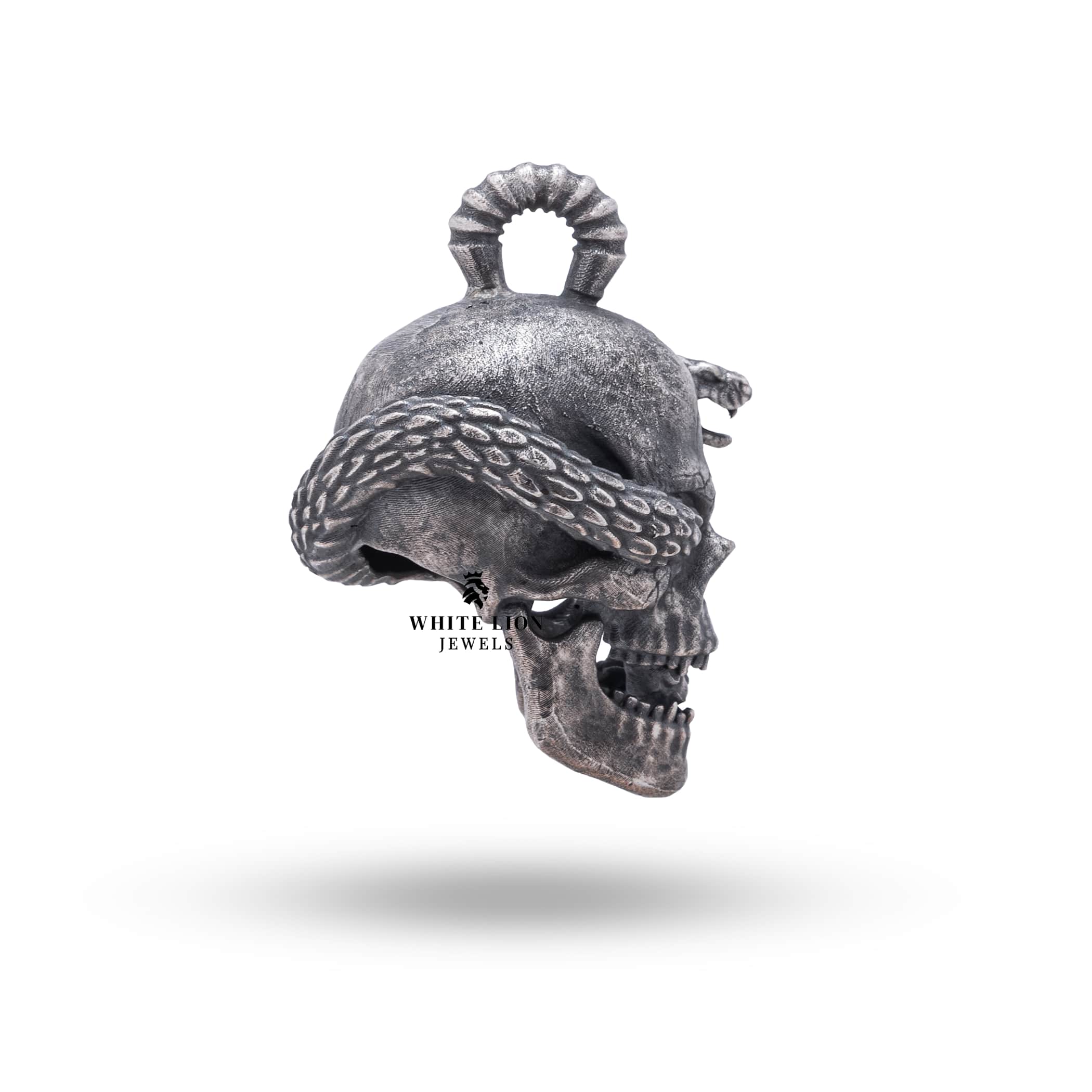 Detailed close-up of Serpent Skull Pendant crafted in 925 Sterling Silver