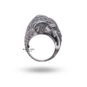 Close-up detail of the Elephant Jungle Animal Ring highlighting the sterling silver craftsmanship and artistic design.