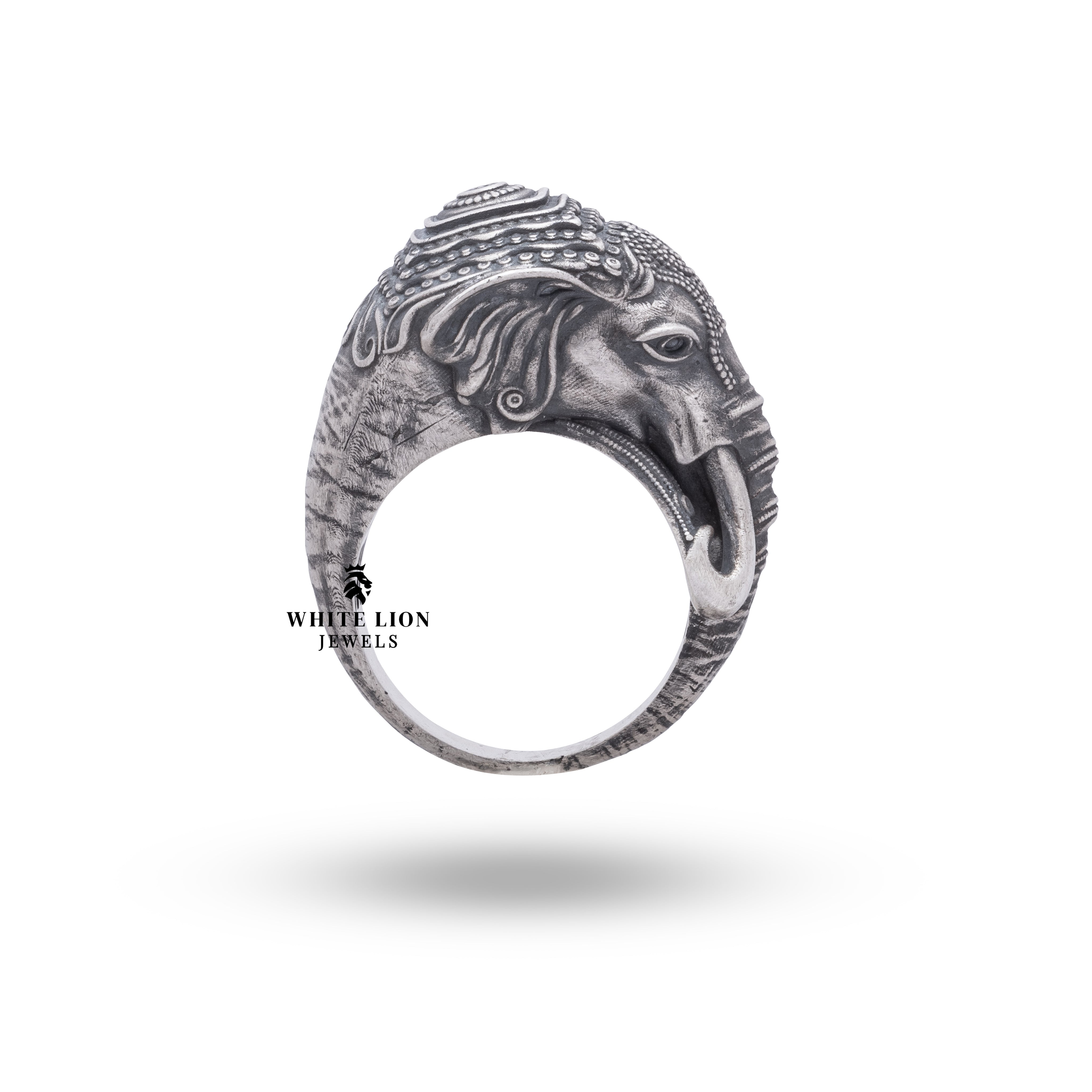 Close-up detail of the Elephant Jungle Animal Ring highlighting the sterling silver craftsmanship and artistic design.