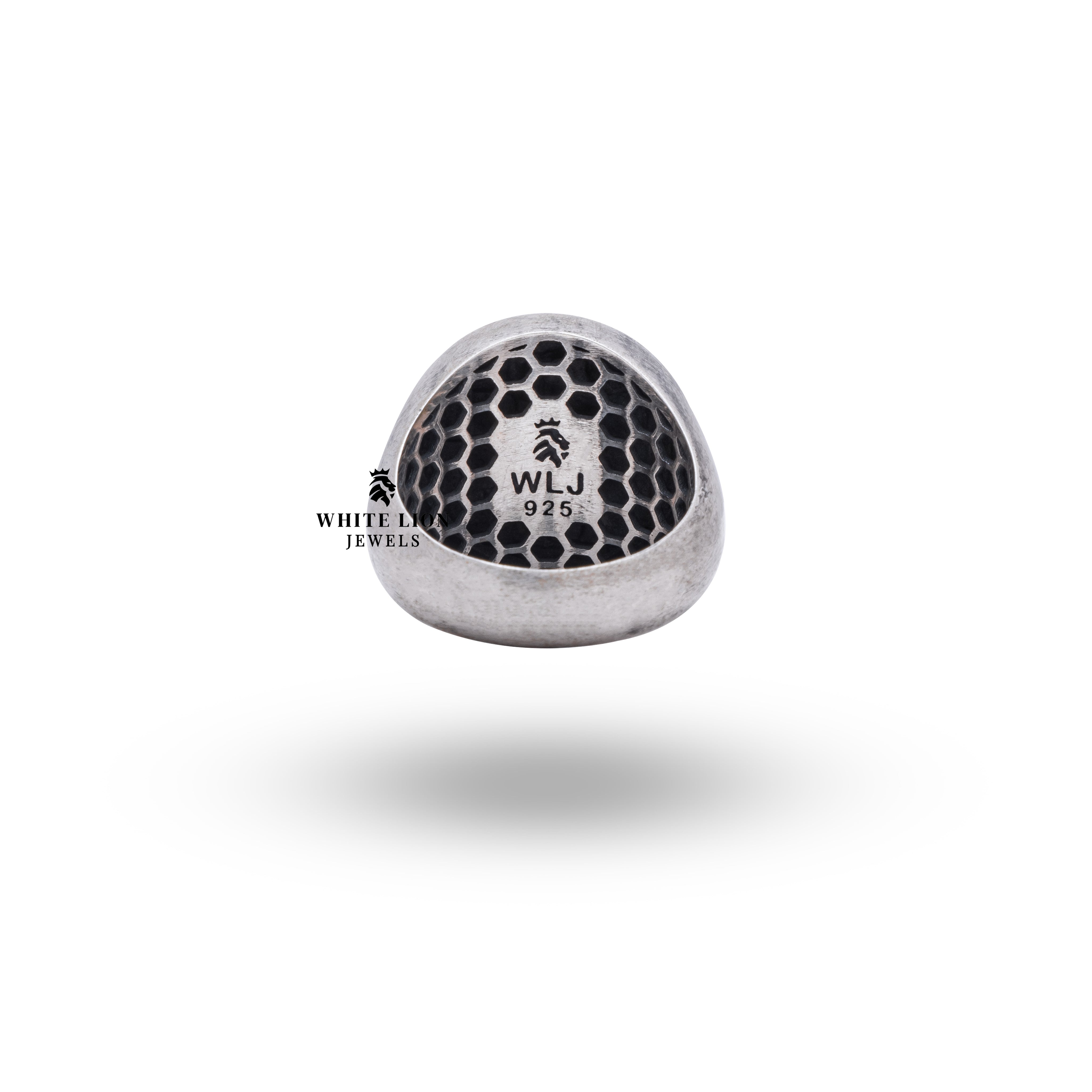 Detail view of intricate design on Sun Half Moon Skull 925 Sterling Silver Ring, handcrafted in 925 sterling silver