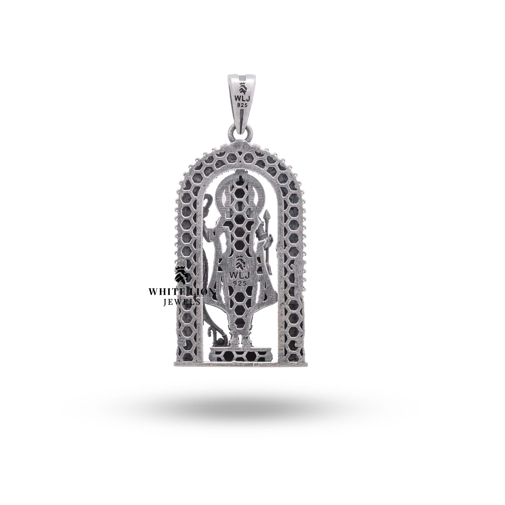 Handcrafted Sterling Silver pendant of Lord Rama, featuring detailed design and protective coating by White Lion Jewels.