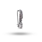 Back view of the oxidized silver Chhatrapati Raje Shivaji Maharaj brooch pin, highlighting sturdy clasp