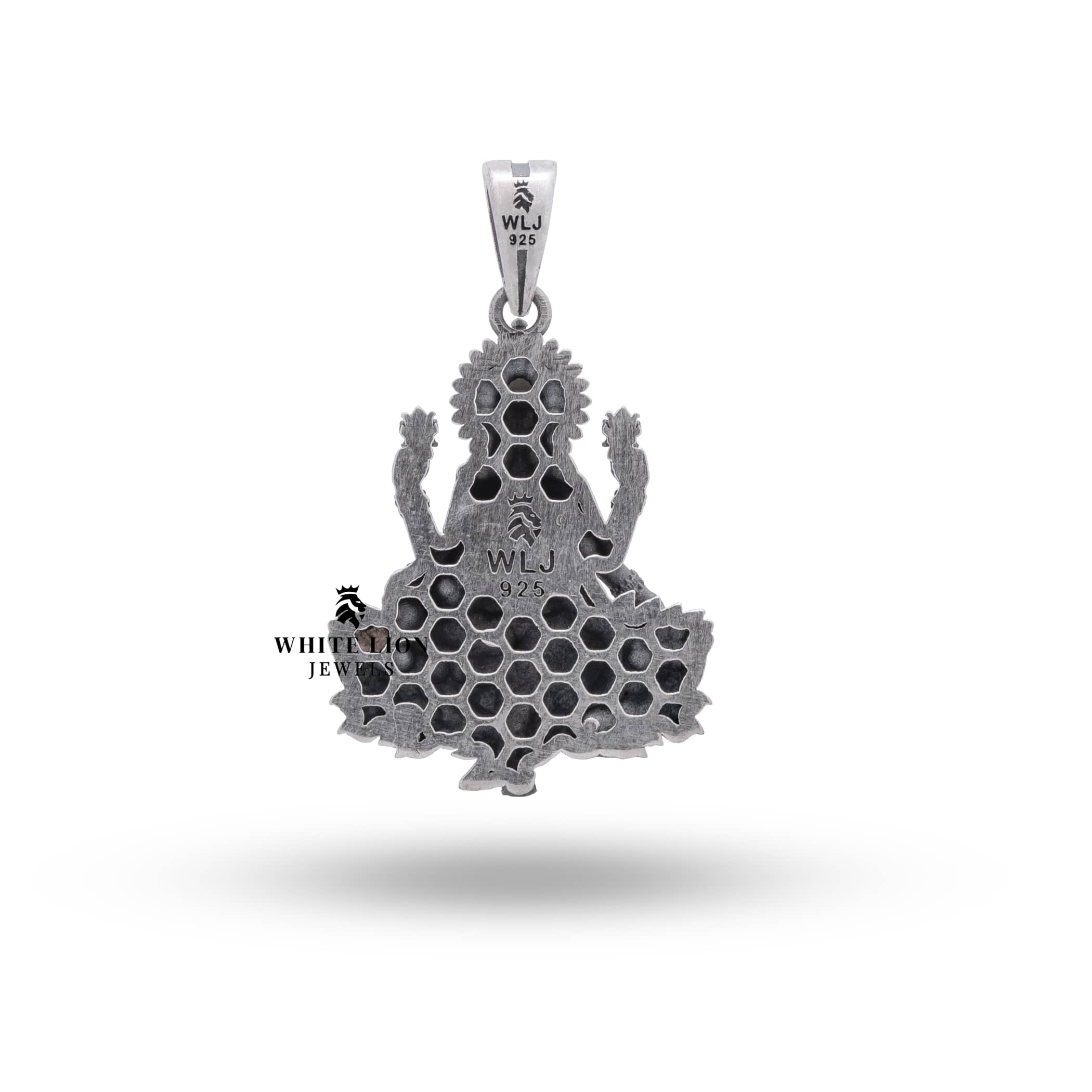 Sacred Goddess Laxmi pendant, enhancing prosperity charm in oxidized sterling silver.