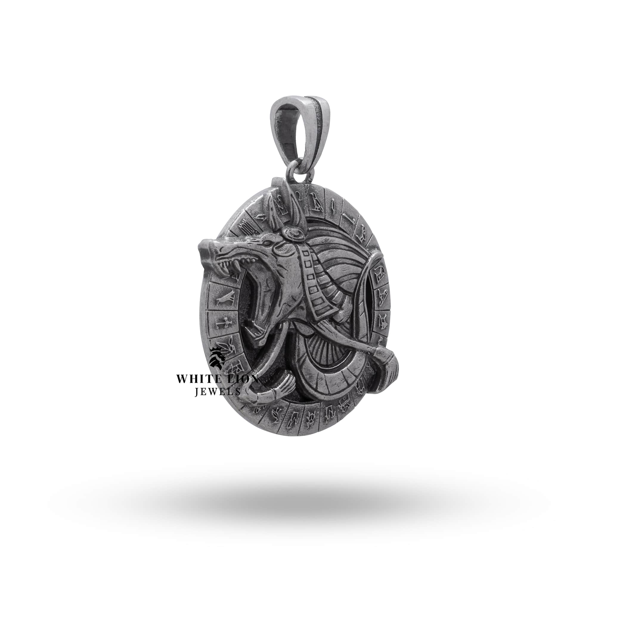 Back view detail showing craftsmanship of Anubis sterling silver pendant