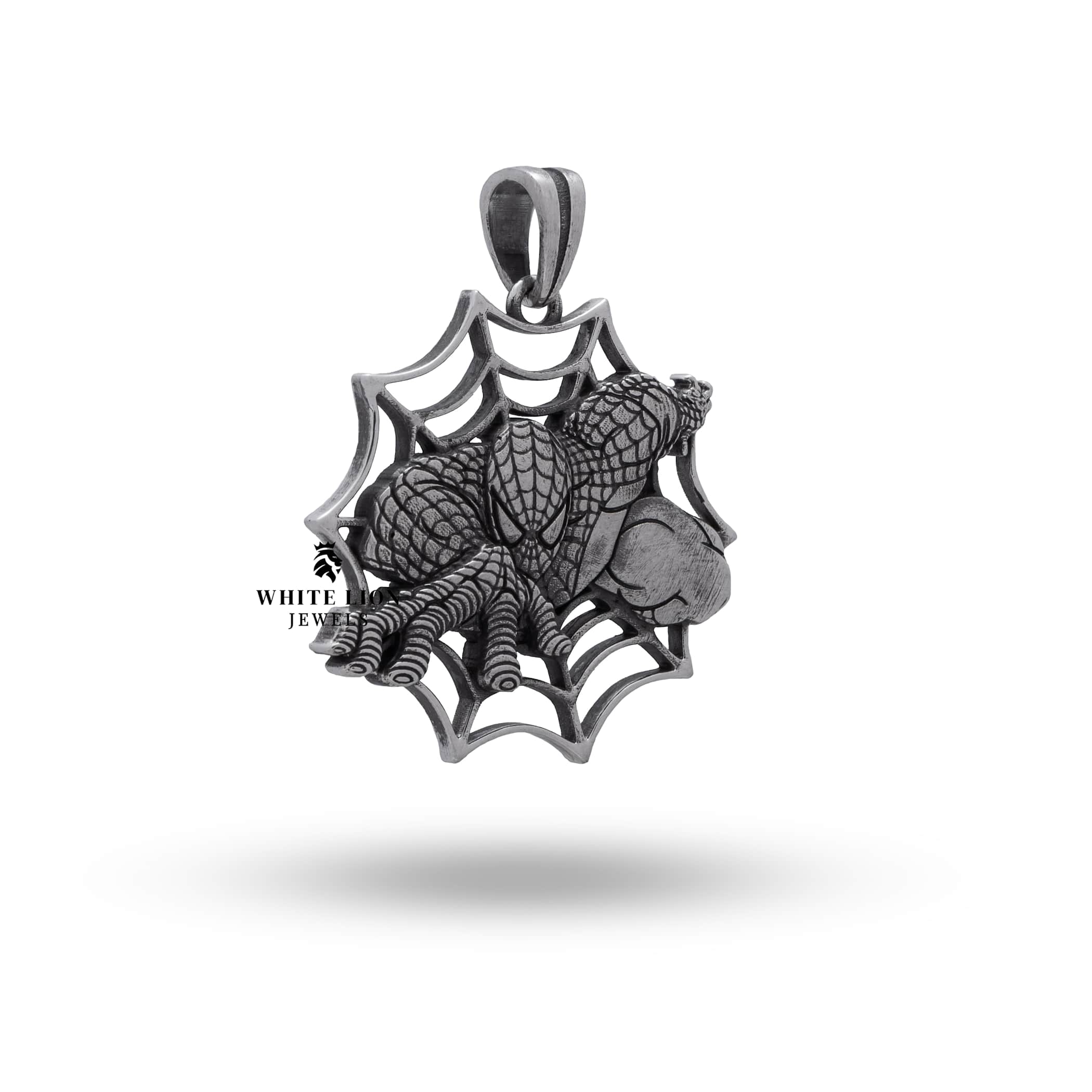 Handcrafted Spider Man Pendant with unique design in oxidized silver for comic enthusiasts.