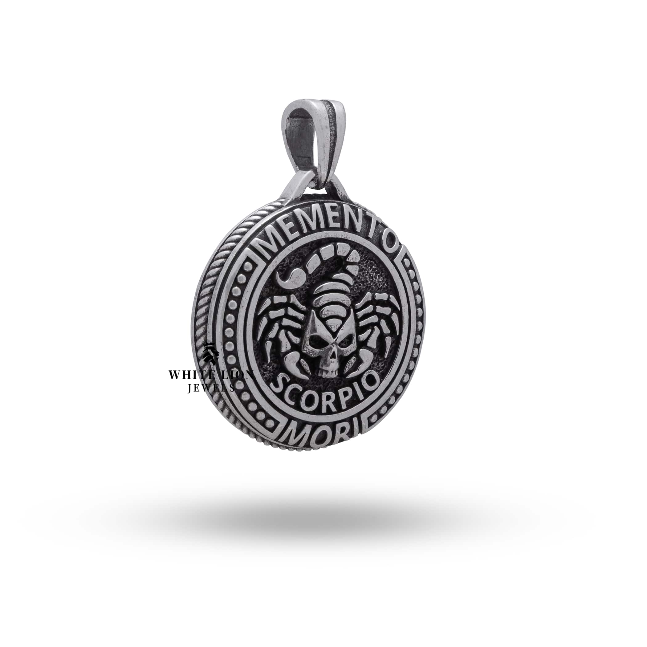 Side view of Memento Mori Scorpio Zodiac Pendant, highlighting oxidized silver finish and craftsmanship.