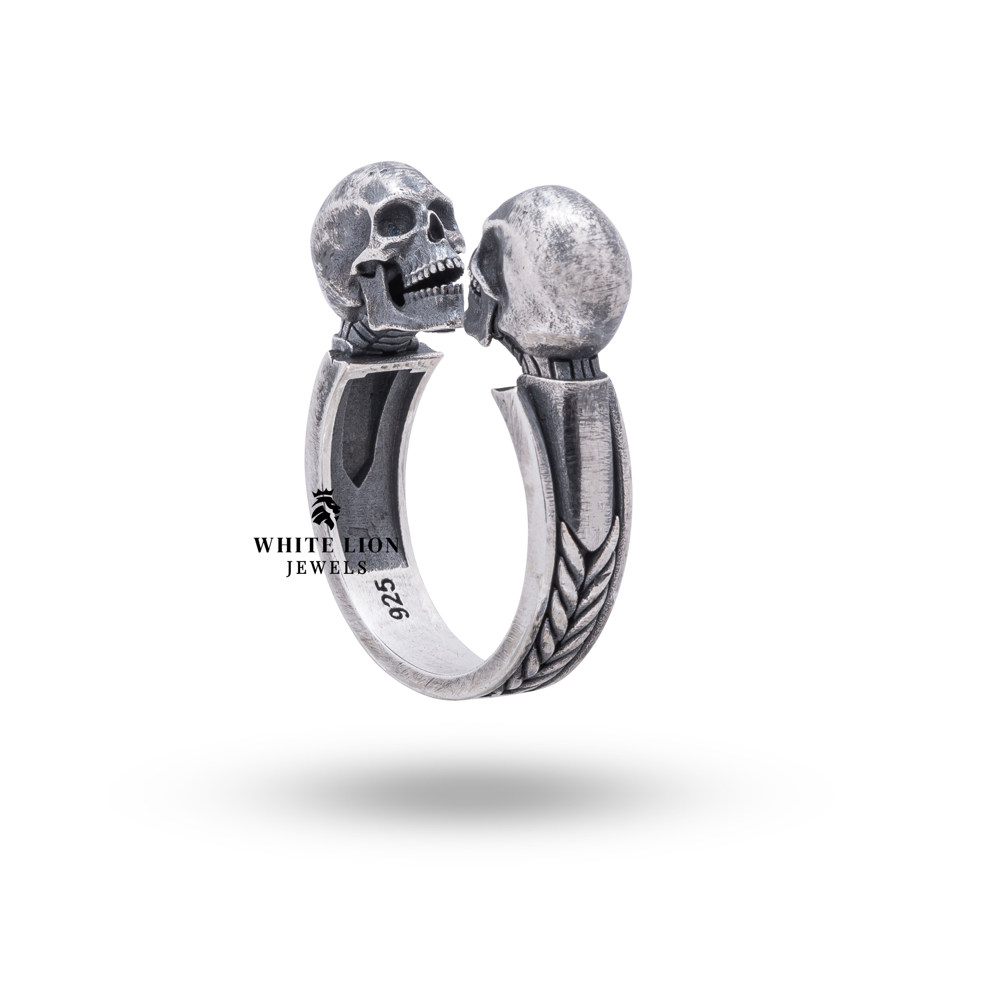 Frontal close-up of the Open Jaw Twin Skull 925 Sterling Silver Ring highlighting intricate detailing and fine craftsmanship.