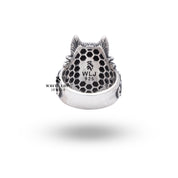Model wearing Grey Wolf Head 925 Sterling Silver Ring, highlighting its statement look and substantial charm.