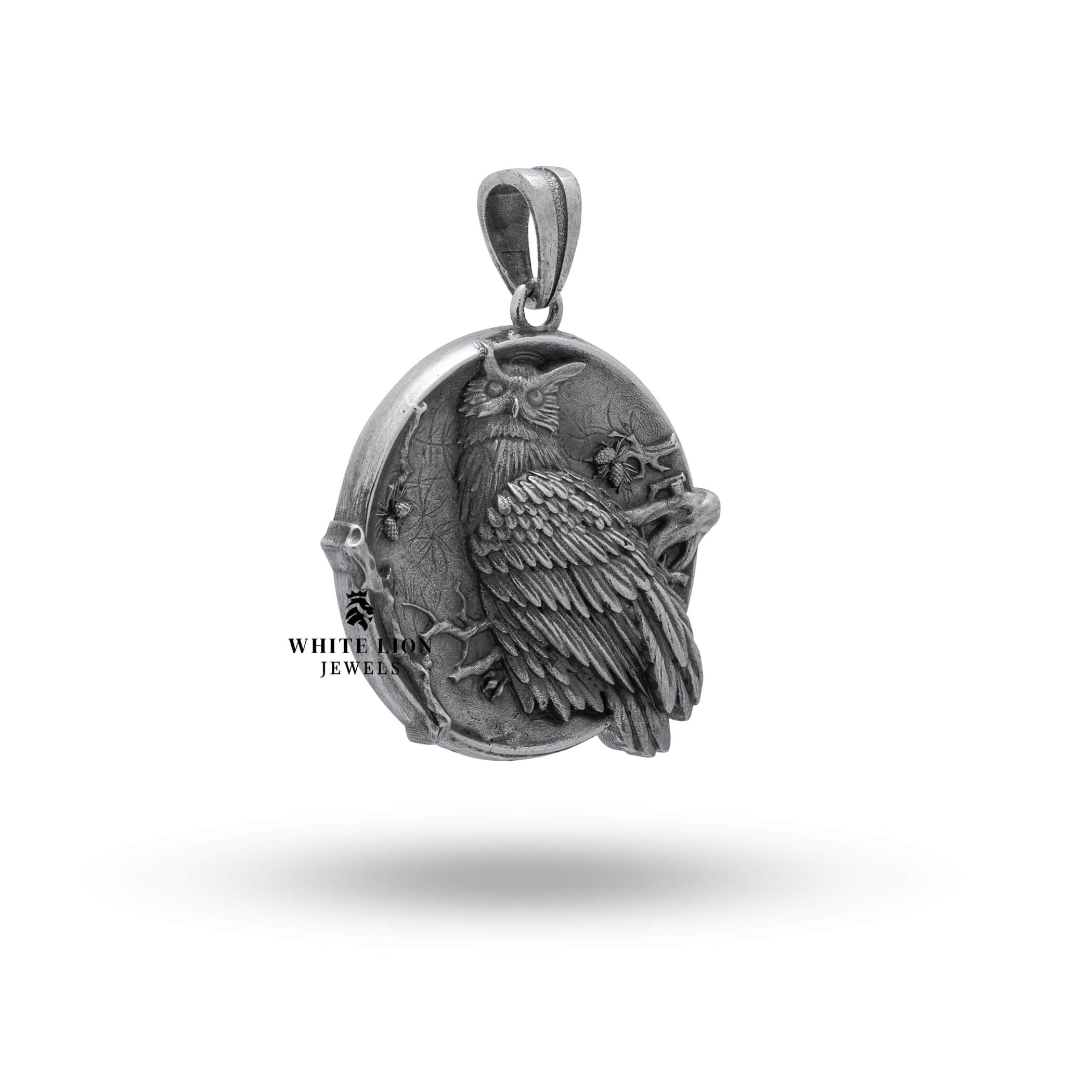 Back view of the Owl Night Bird 925 Sterling Silver Pendant, highlighting detailed workmanship in oxidized silver.