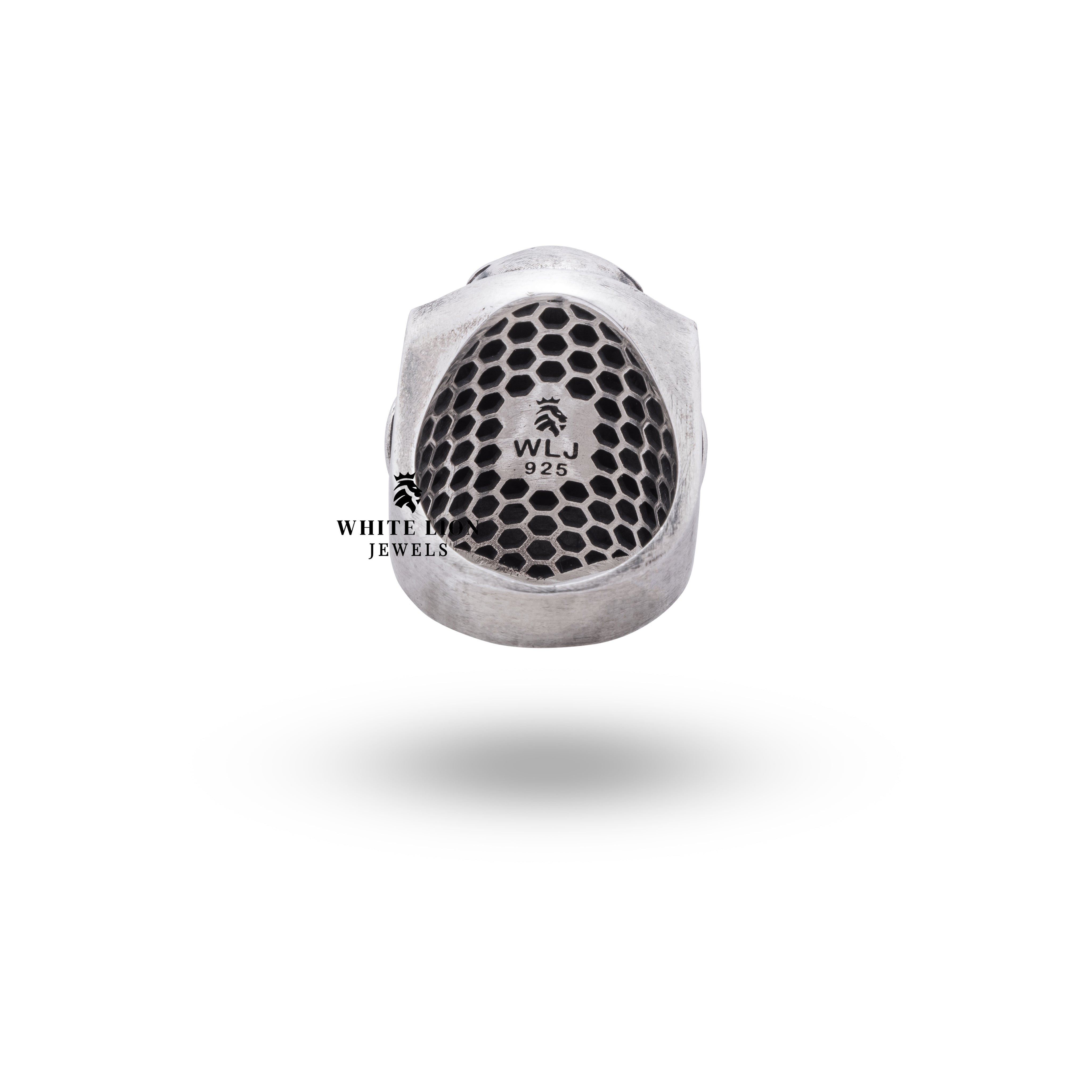 Packaged presentation of the Oxygen Mask Respirator Silver Ring highlighting luxury branding