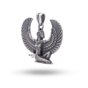 Close-up of Isis Winged Egyptian Pendant detailing the handcrafted silver work and mythology-inspired design