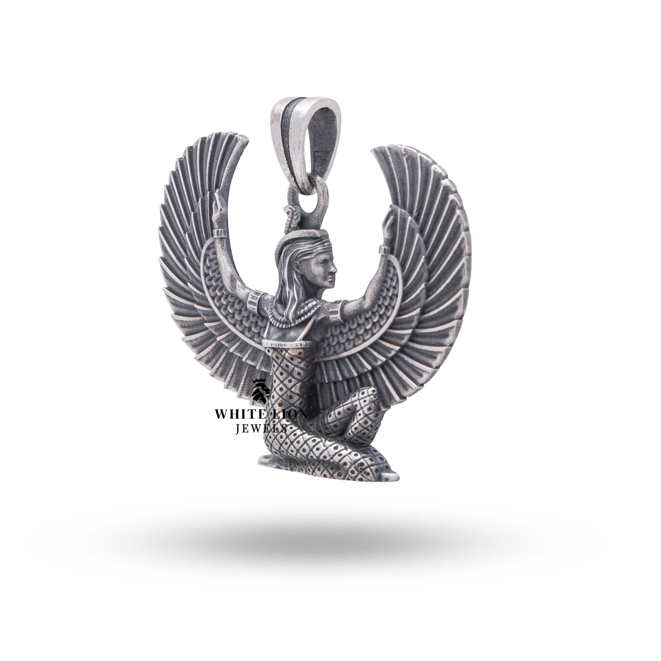 Close-up of Isis Winged Egyptian Pendant detailing the handcrafted silver work and mythology-inspired design