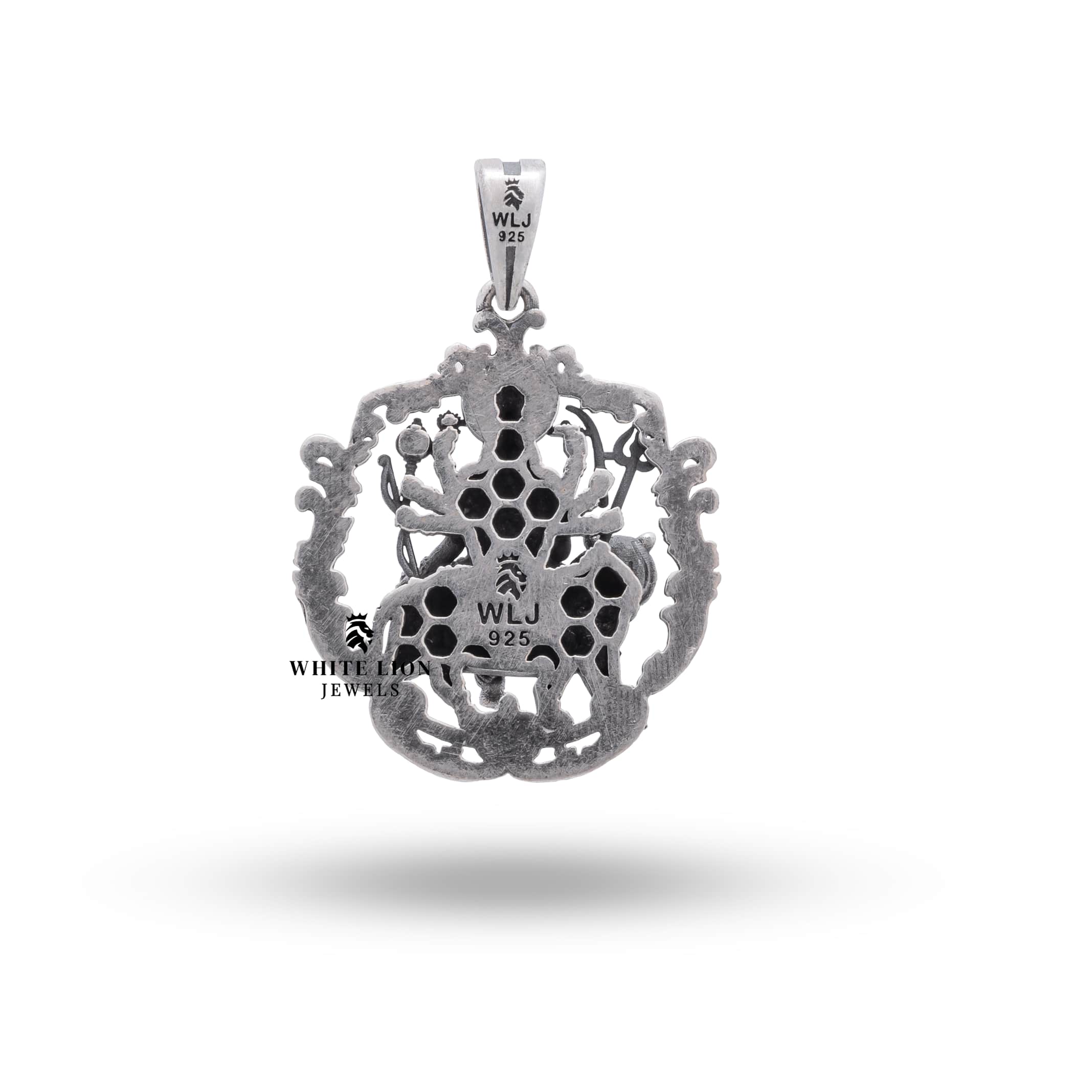 Ambe Ambika Mahadevi 925 Sterling Silver Pendant on display, embodying divine beauty and superior artisanal quality by White Lion Jewels.