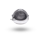 Bottom view of Memento Mori Zodiac Aries 925 Sterling Silver Ring showing intricate silverwork with clear coating