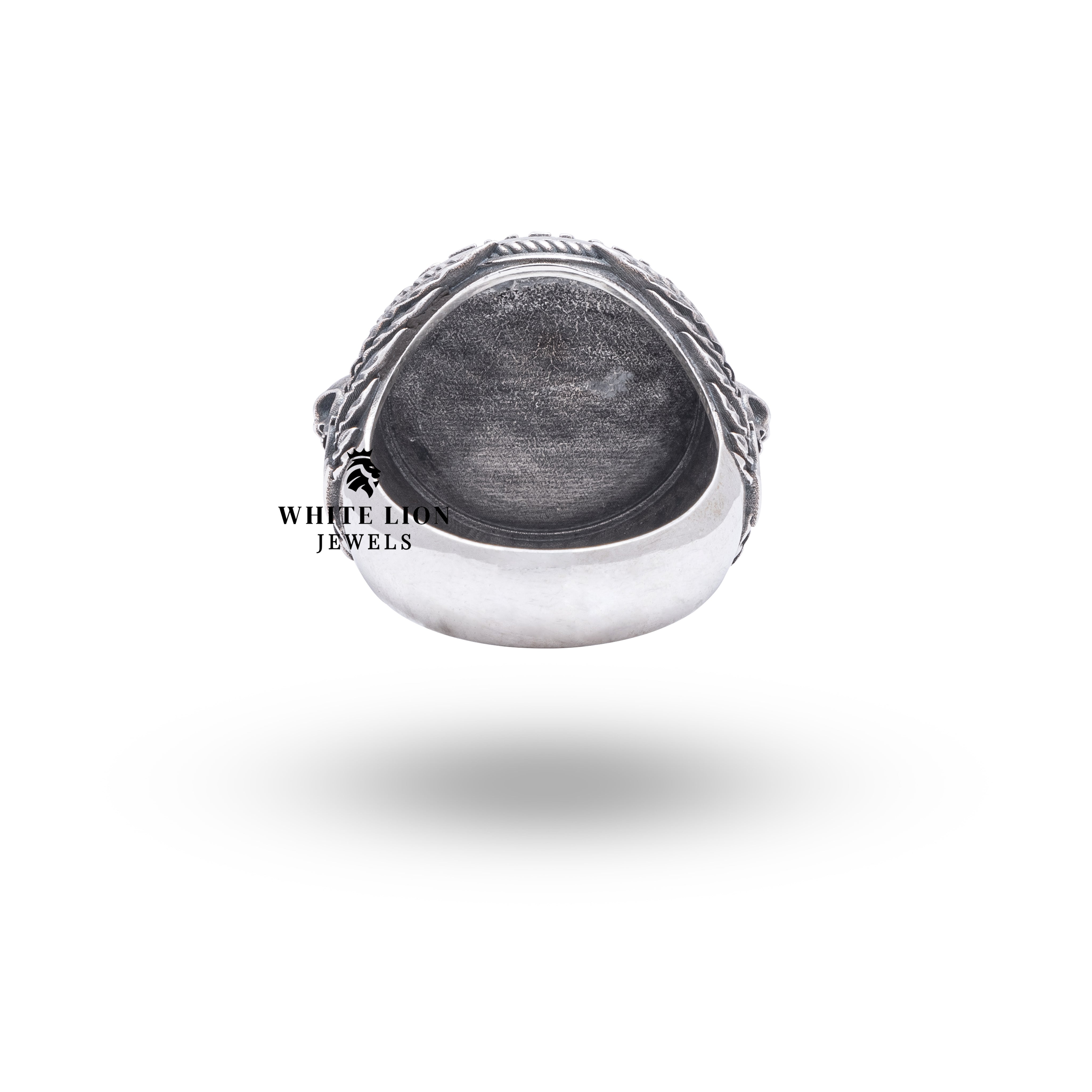 Bottom view of Memento Mori Zodiac Aries 925 Sterling Silver Ring showing intricate silverwork with clear coating