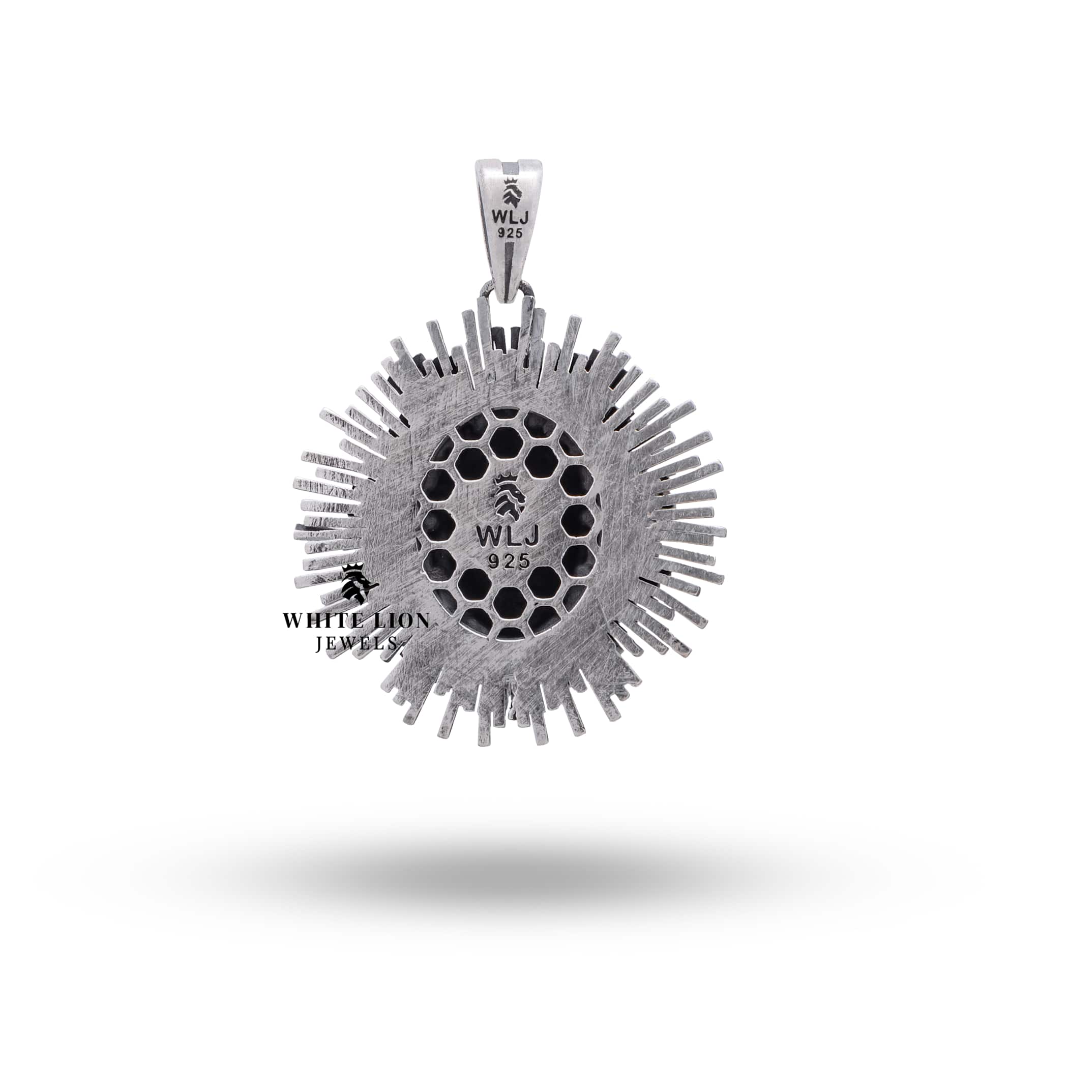 Artisan crafted Sterling Silver Apollo Sun God Pendant, emphasizing handcrafted mythological design.