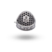 Model wearing Retro Mandala Gothic Flower Skull Ring illustrating elegance and bold style