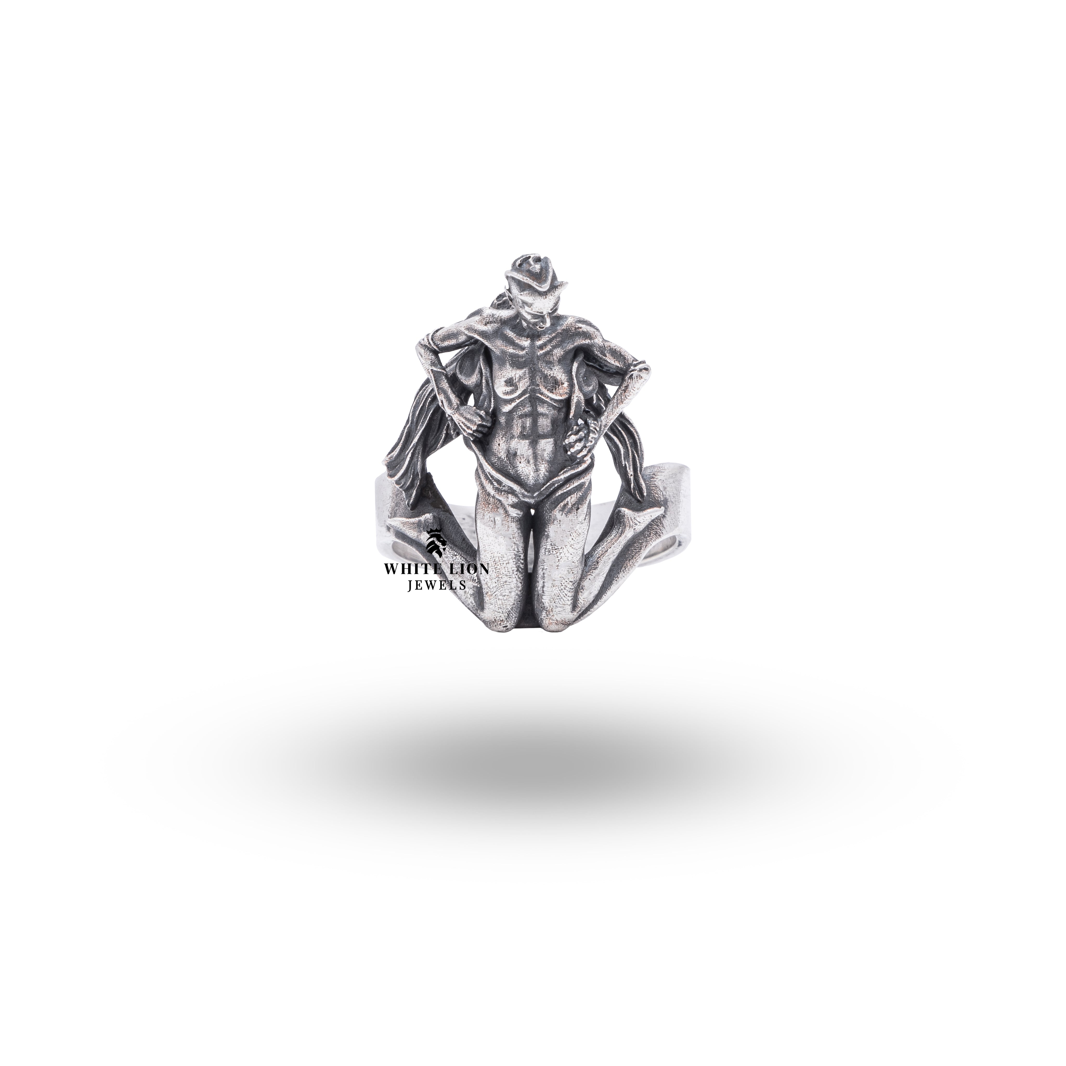 Angled view of Human Devil Transformation 925 Sterling Silver Ring highlighting the artisan craftsmanship.