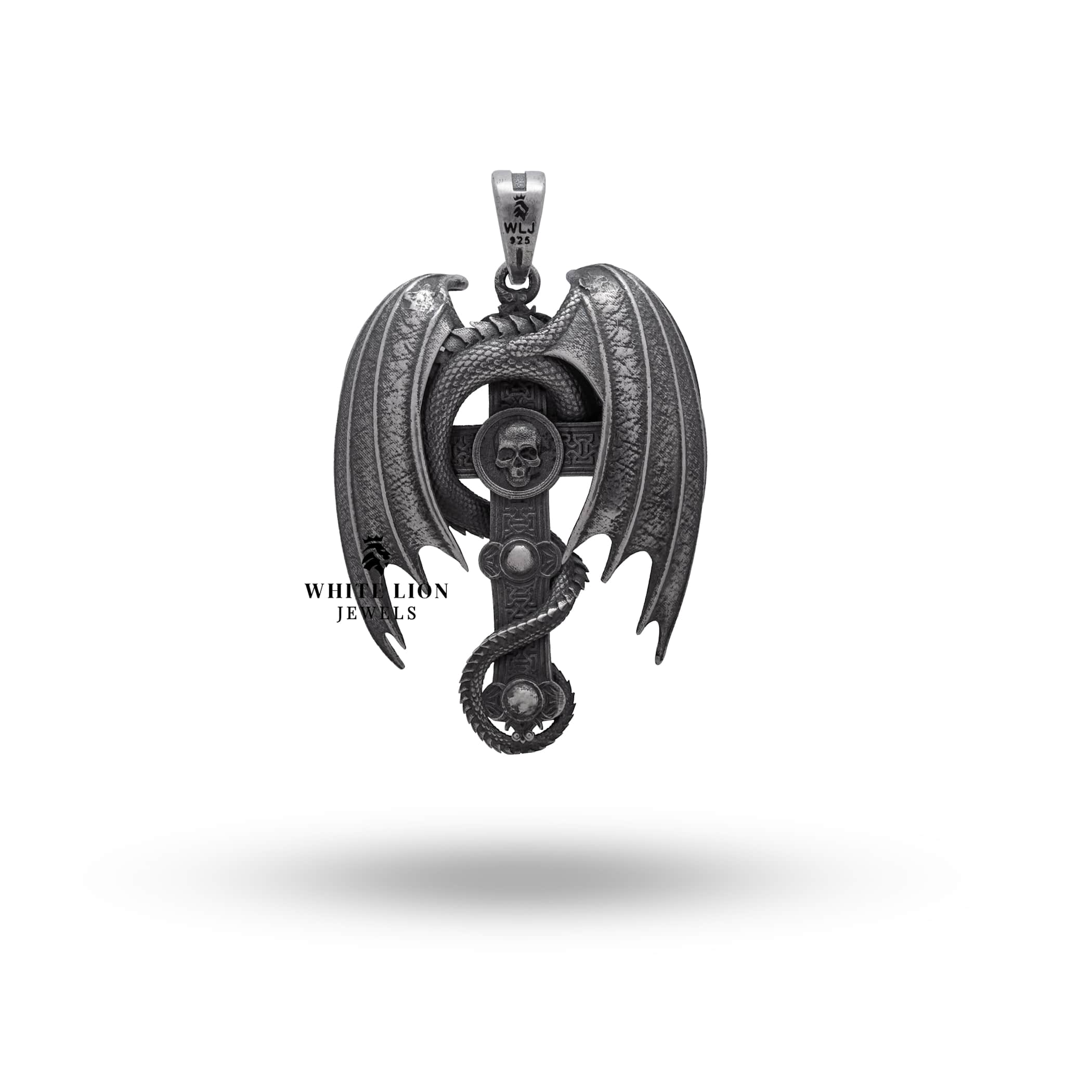 Fine craftsmanship of skull and dragon motifs on 925 sterling silver pendant