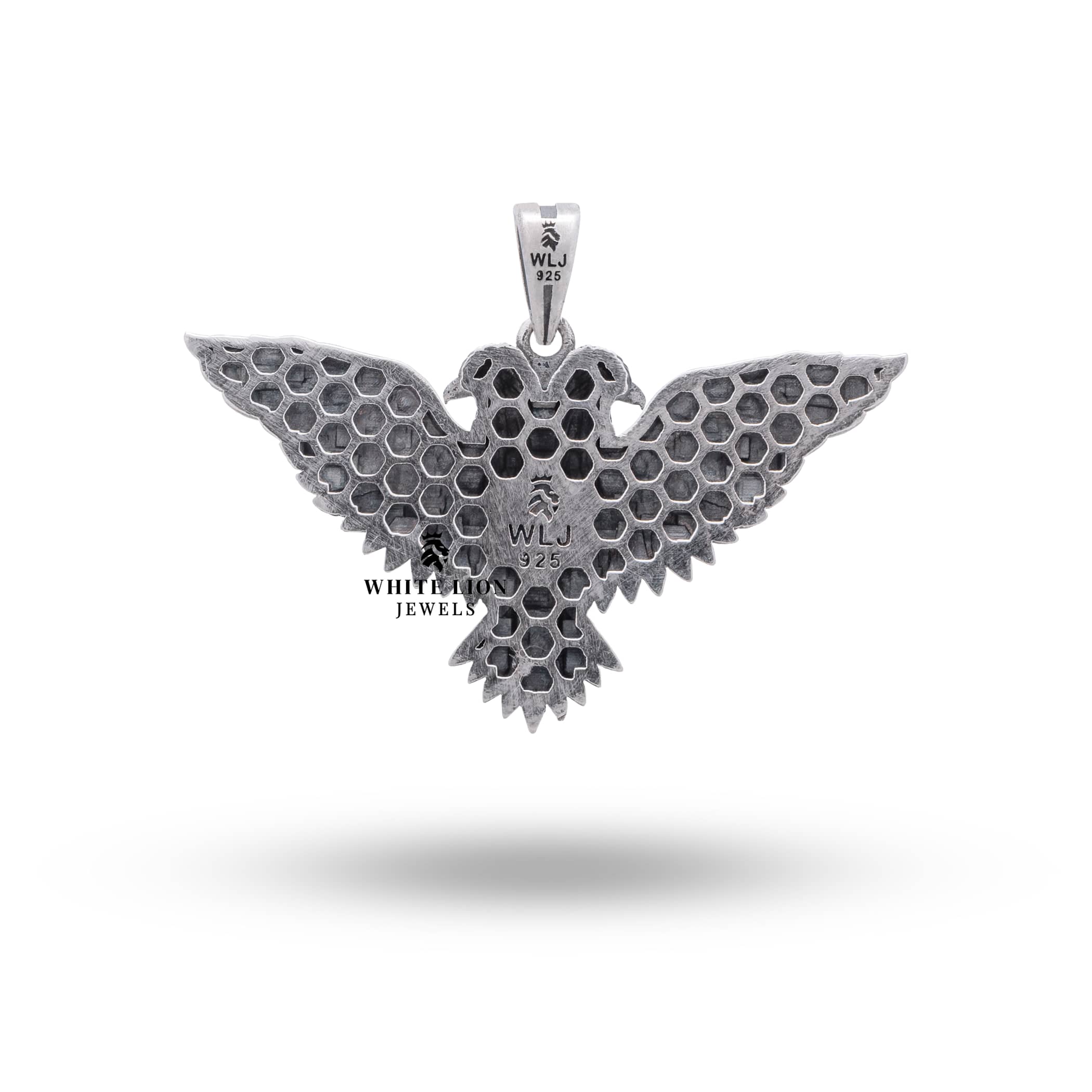 Two Headed Eagle Bird 925 Sterling Silver Pendant displayed on neutral background to highlight oxidized finish