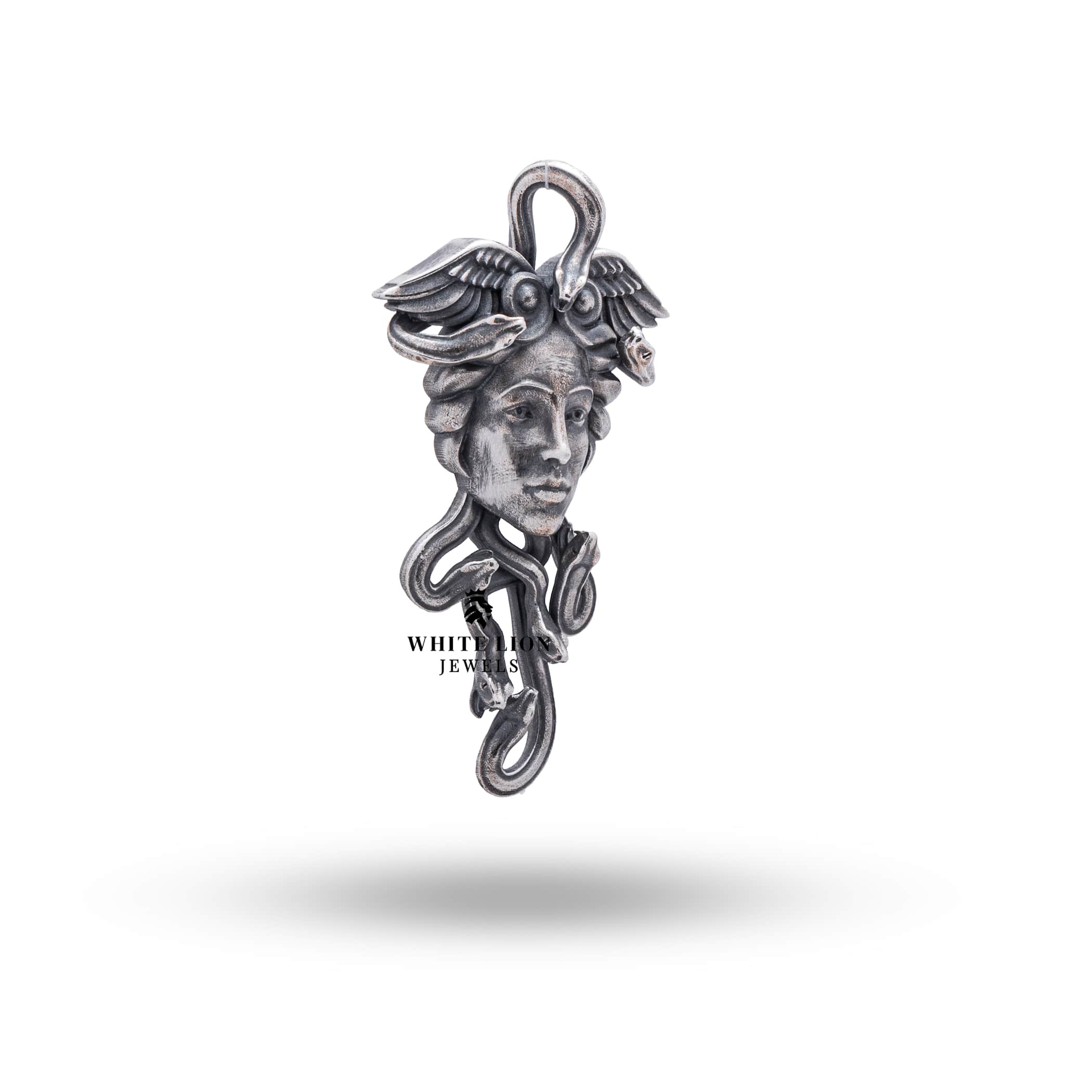 925 Silver Pendant intricately designed with Medusa snakes, showcasing oxidized texture from a second angle.