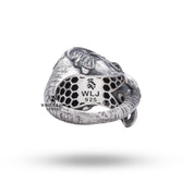 Handcrafted unique elephant silver ring by White Lion Jewels, showing artistic elephant head design with oxidized finish.