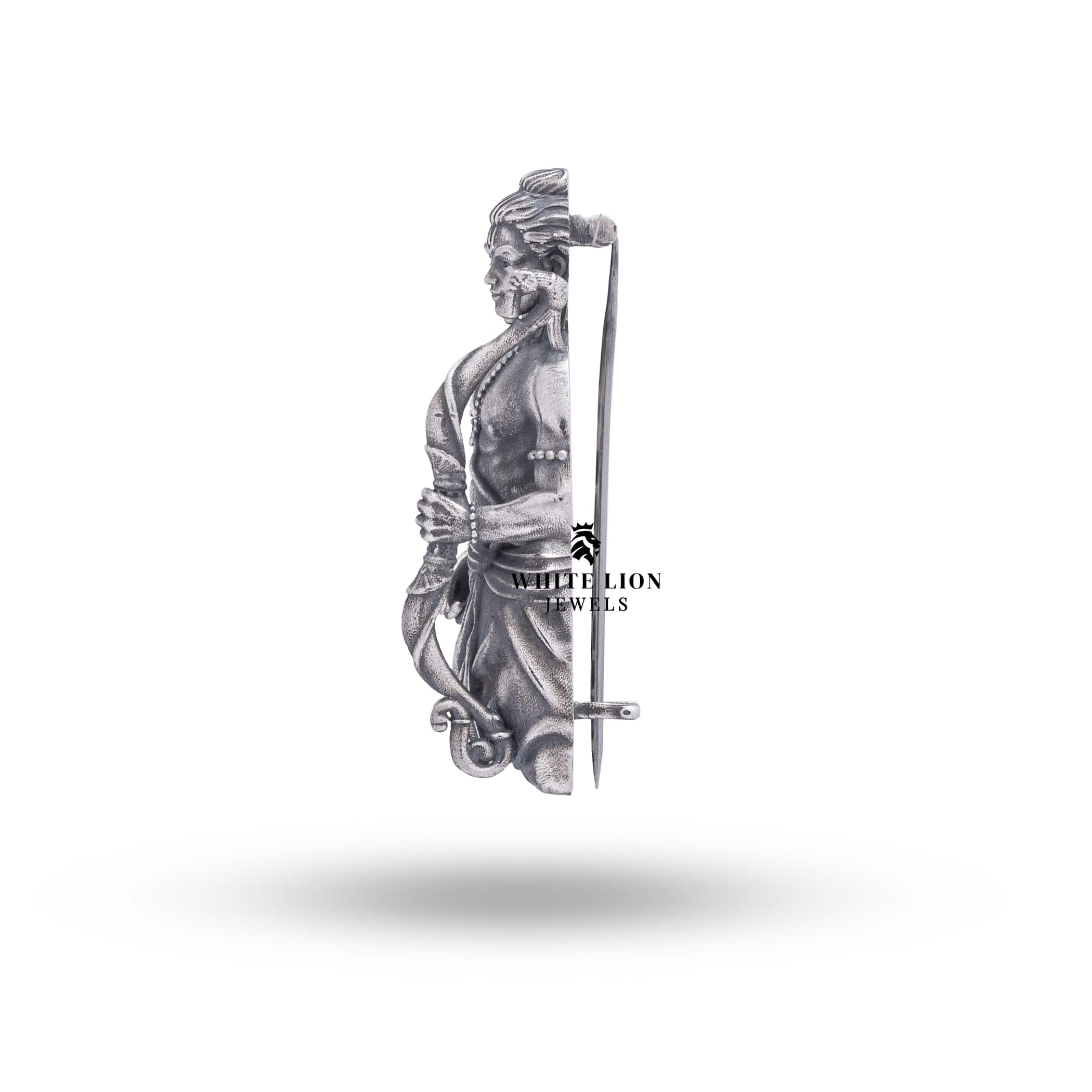 Close-up of elegant Lord Shree Rama 925 Sterling Silver Brooch with clear protective coating
