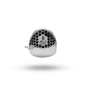 Close-up of Half Jaw Crack Eye sterling silver ring, showing detailed artisanal craftsmanship