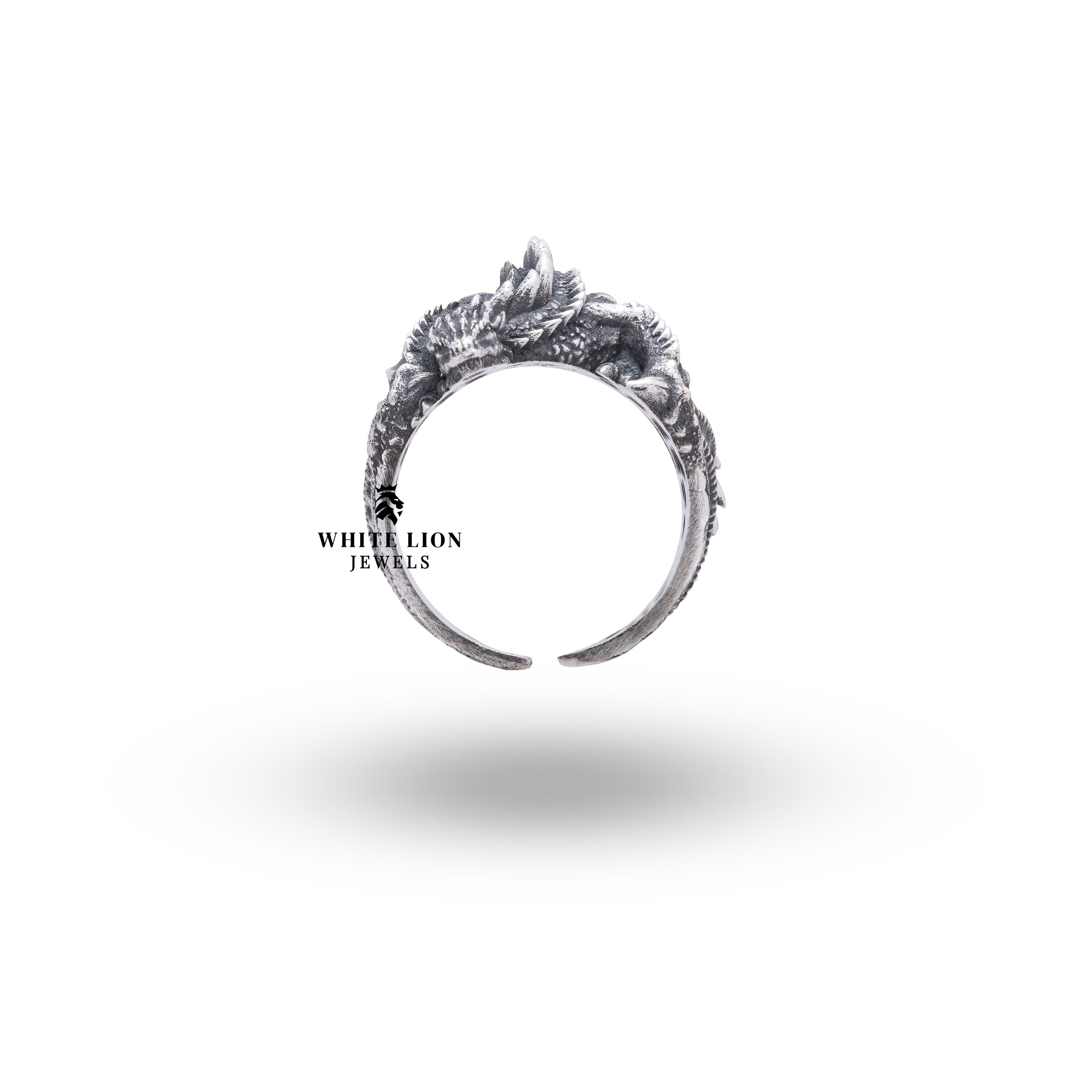 Flying Dragon Creature Animal 925 Sterling Silver Ring presented in a White Lion Jewels box