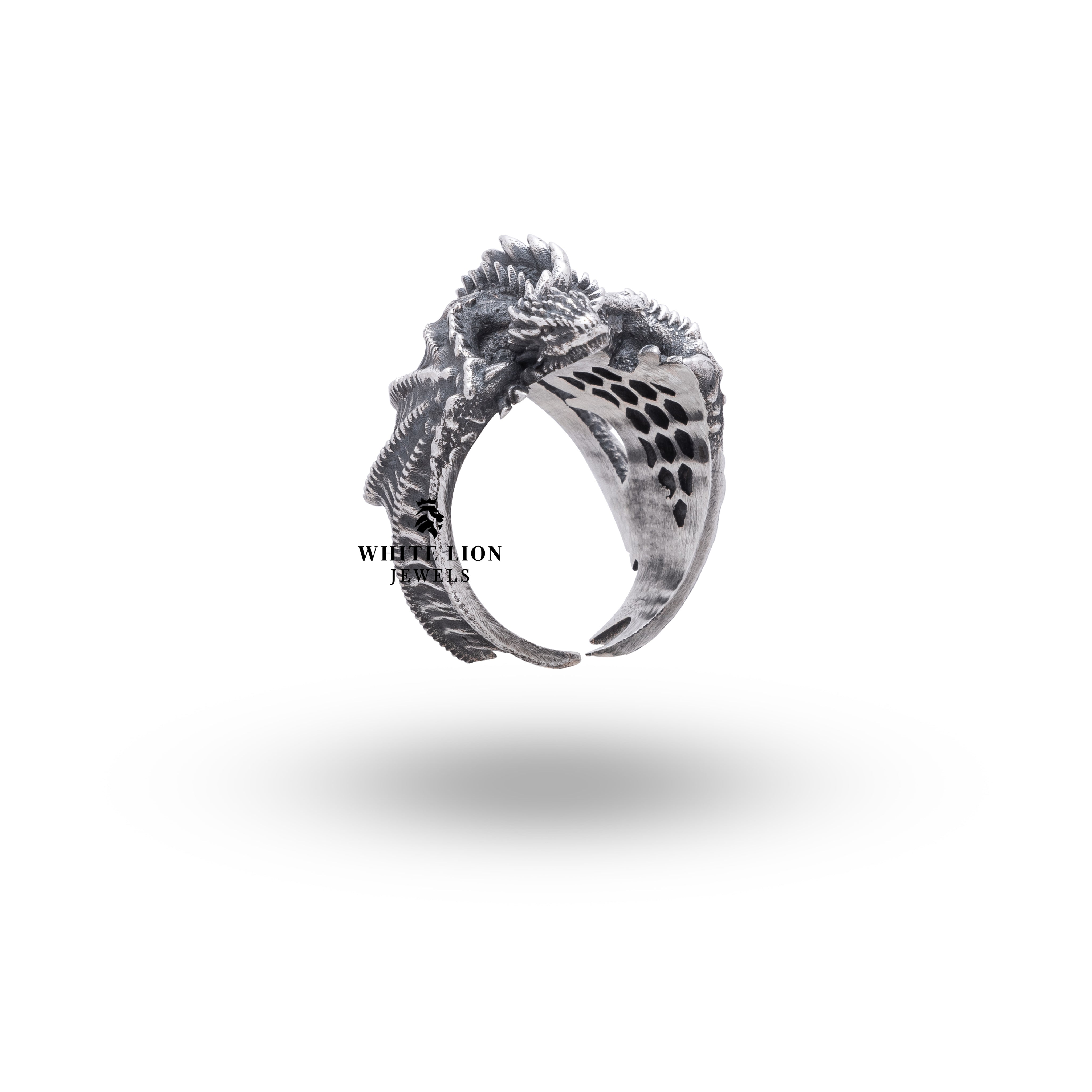 Front view of Flying Dragon Creature Animal 925 Sterling Silver Ring highlighting its intricate craftsmanship