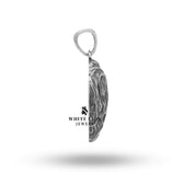 Closeup of intricate detailing on African Lion King Leo Pendant in oxidized 925 sterling silver, highlighting its artisan quality.