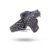925 sterling silver ring depicting a fierce bear in a Viking style, with clear protective coating.