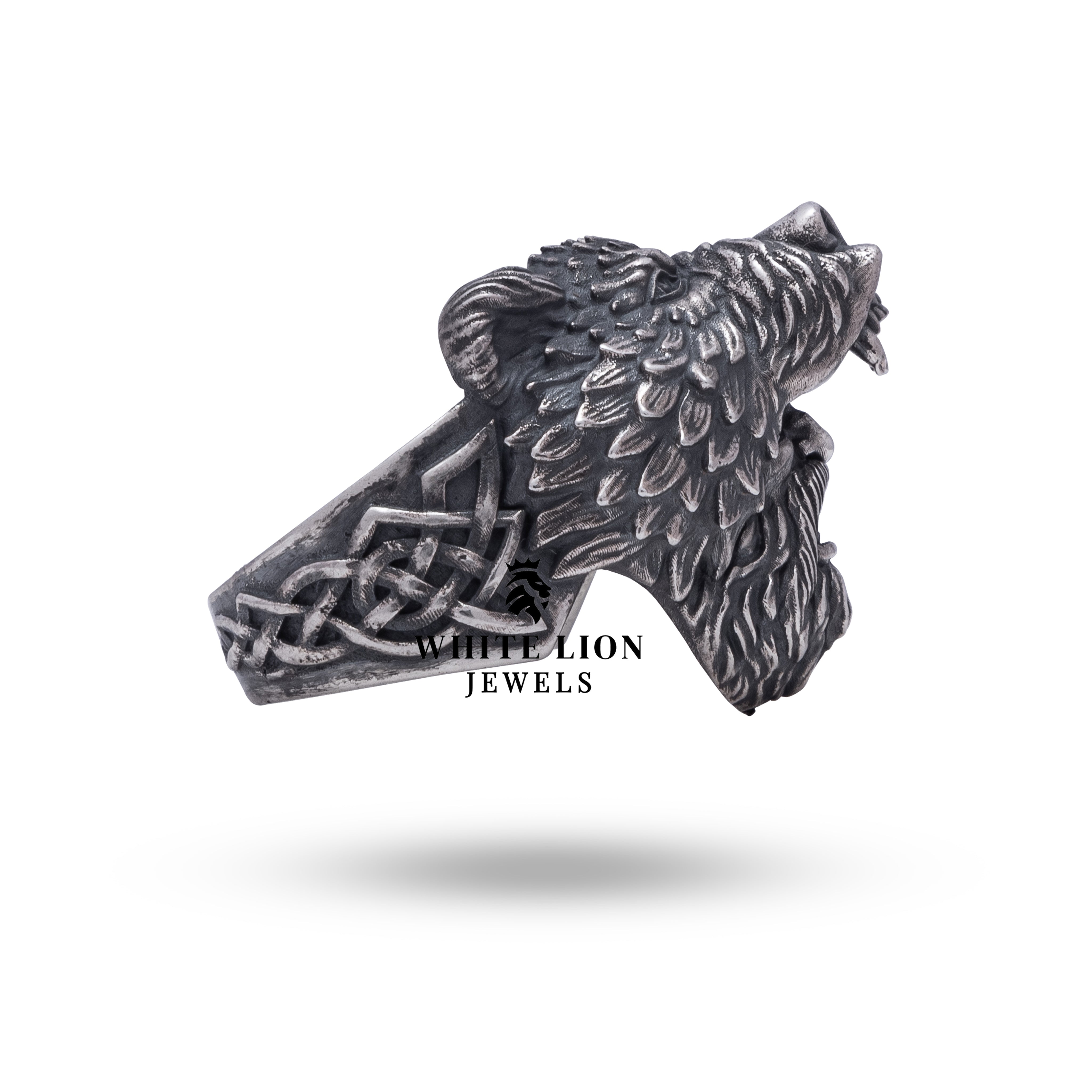 925 sterling silver ring depicting a fierce bear in a Viking style, with clear protective coating.