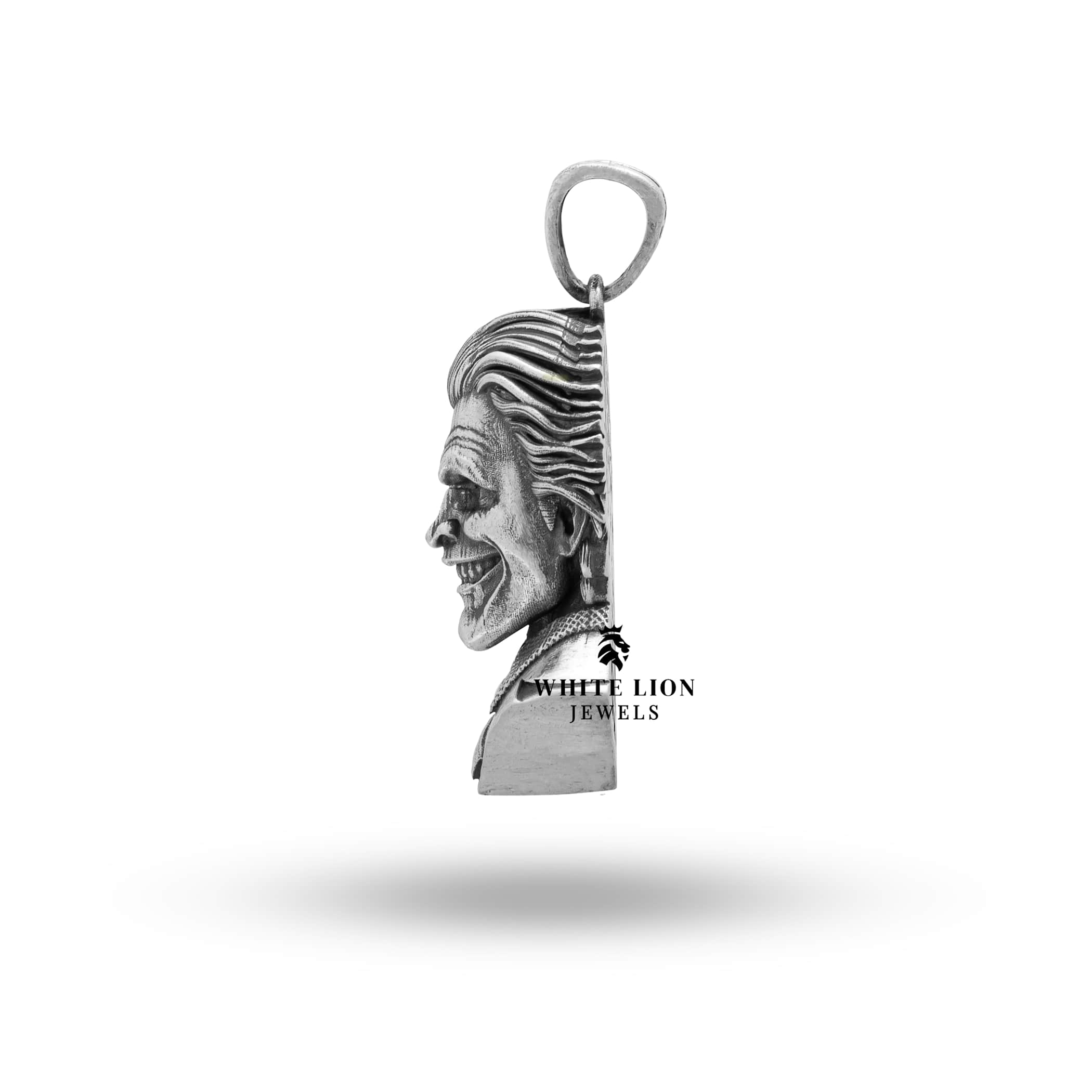 Close-up of intricate design on Joker Humorist Comedian Clown Sterling Silver Pendant