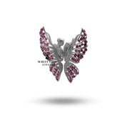 Back view of Butterfly Ruby Brooch highlighting its rhodium-plated sterling silver finish and pin clasp.