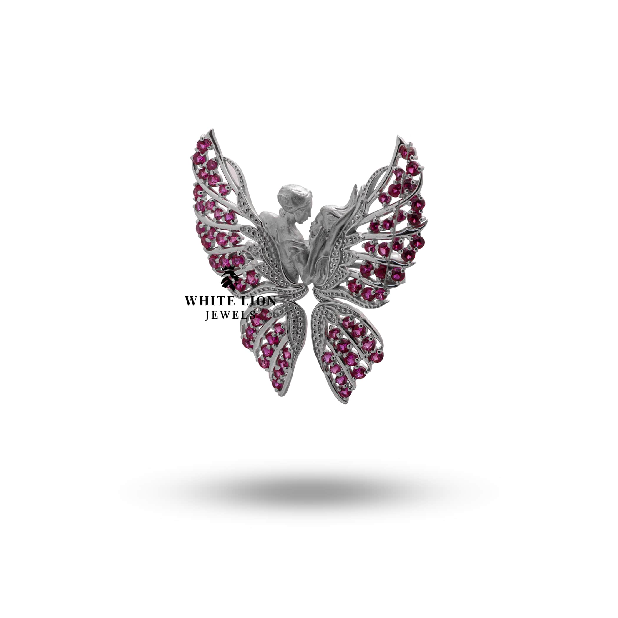 Back view of Butterfly Ruby Brooch highlighting its rhodium-plated sterling silver finish and pin clasp.