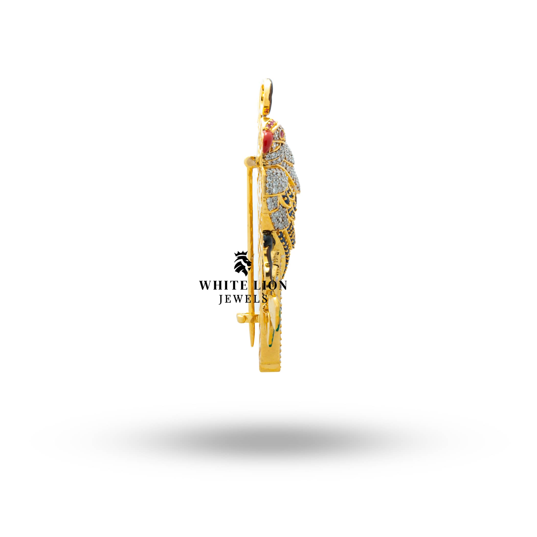 Back view of macaw brooch showing clasp and finish